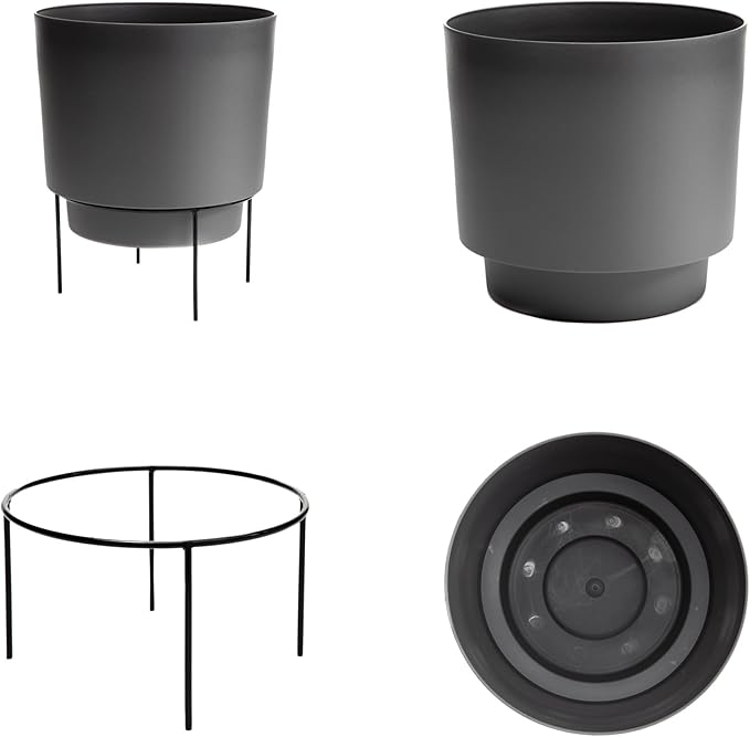 Bloem Hopson Decorative Resin Cachepot with Metal Stand, 14" Indoor and Outdoor Planter with Black Metal Stand, Charcoal