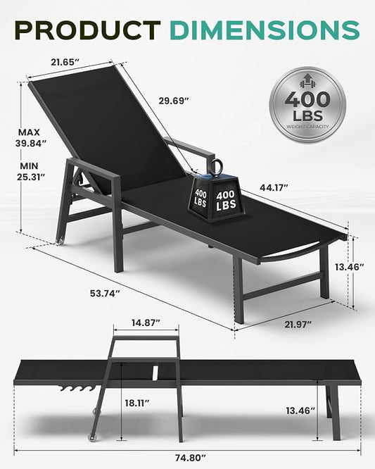 Patio Chaise Lounge Chair Outdoor with Wheels&Armrests, Aluminum Pool Lounge Chairs Five-Position Adjustable Recliner with Side Table, Outdoor Beach Lounge Chairs for Outside, Deck, Yard, Black