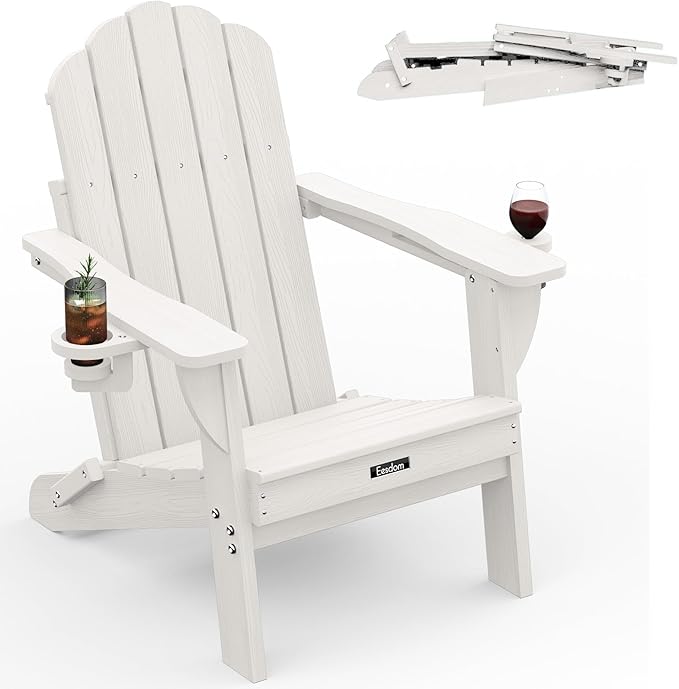 Folding Adirondack Chair,All-Weather HDPE Fire Pit Chair with 2 Cup Holders, Plastic Outdoor Chair for Patio Deck Garden Lawn, White