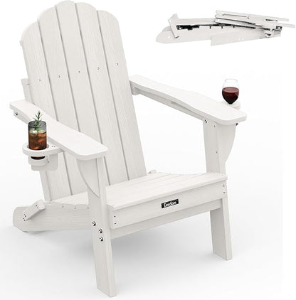 Folding Adirondack Chair,All-Weather HDPE Fire Pit Chair with 2 Cup Holders, Plastic Outdoor Chair for Patio Deck Garden Lawn, White