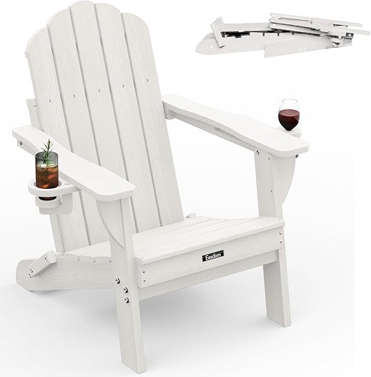 Folding Adirondack Chair,All-Weather HDPE Fire Pit Chair with 2 Cup Holders, Plastic Outdoor Chair for Patio Deck Garden Lawn, White