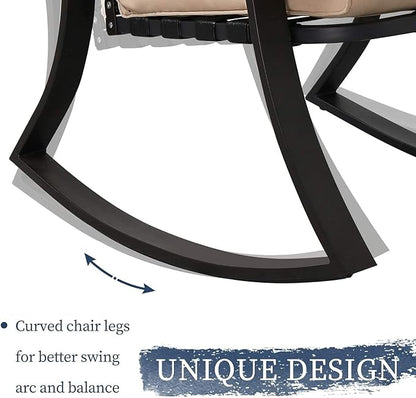 Oakcloud Oakmont Outdoor Furniture 3 Piece Conversation Bistro Set Rocking Chairs and Glass Top Table, Thick Cushions, Black Steel (Brown)