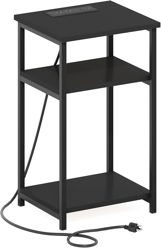 Furinno Moretti Side Table, 3-Tier Modern End Table with Charging Station, Metal Frame Night Stand, Bedside Table with USB and Type-C Port, for Living Room, Bedroom, Americano
