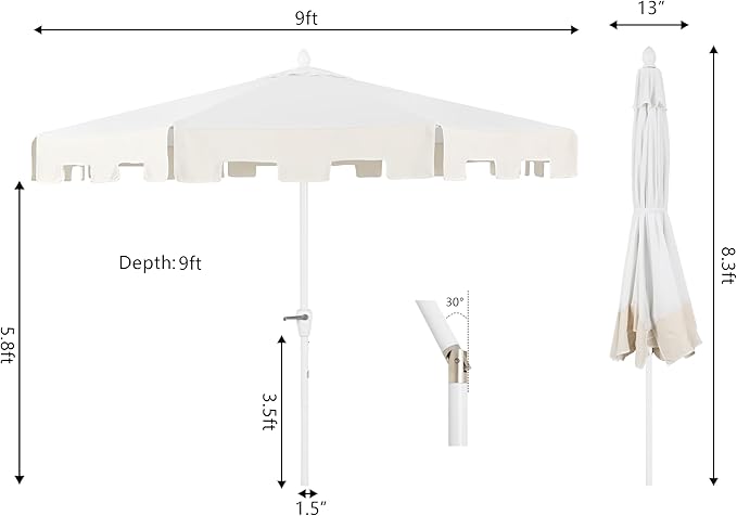JONATHAN Y UMB1000B Baiona 9 ft. Classic MidCentury Market Patio Umbrella with UV Protection, Auto-Tilt, Crank and Wind Vent in White/Cream