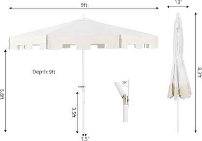 JONATHAN Y UMB1000B Baiona 9 ft. Classic MidCentury Market Patio Umbrella with UV Protection, Auto-Tilt, Crank and Wind Vent in White/Cream