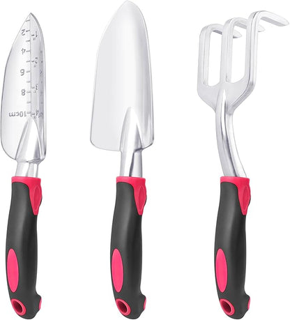 Garden Tools Set, 3 Pack Heavy Duty Gardening Tools Set Include Garden Shovel, Transplant Trowel and Hand Rake with Ergonomic Handle, Aluminum Alloy Lawn for Planting Tools, Red