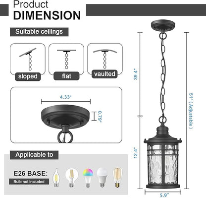 Darkaway Outdoor Pendant Lights for Porch, Outdoor Chandelier Hanging Porch Lights Outside Ceiling Mount Aluminum with Water Ripple Glass for House Gazebo Patio