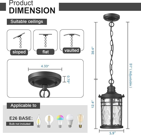 Darkaway Outdoor Pendant Lights for Porch, Outdoor Chandelier Hanging Porch Lights Outside Ceiling Mount Aluminum with Water Ripple Glass for House Gazebo Patio