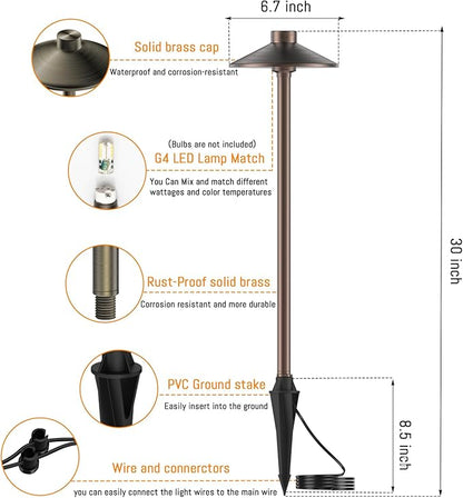 ZONEGRACE 8 Pack Solid Brass Low Voltage Pathway Lights,Outdoor Wired LED Landscape Path Lights,AC/DC 12V Bronze Pathway Lighting for Walkway Garden Yard,UL Listed Cord,Without Replacement Bulbs