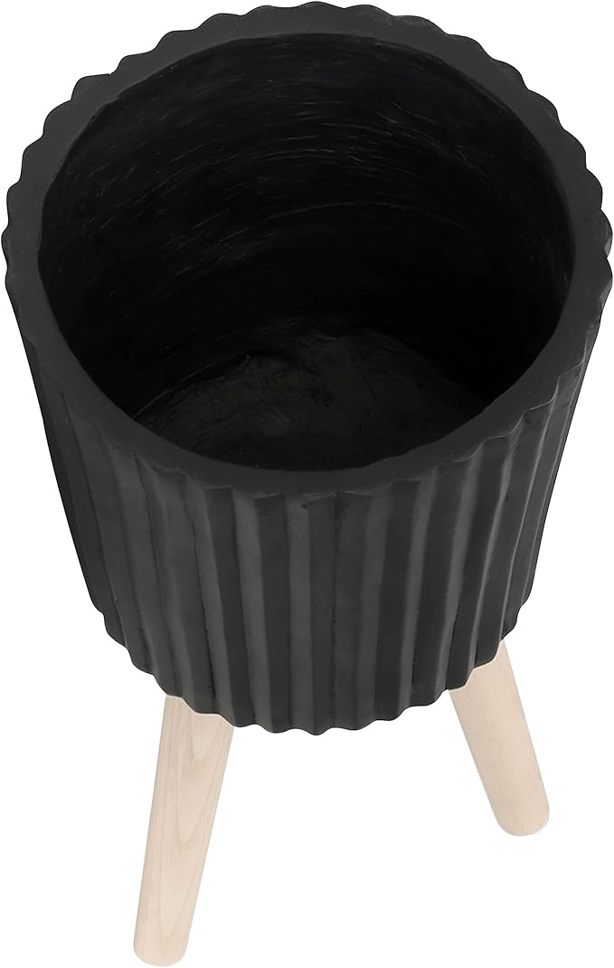 Sagebrook Home Set of 2 Planters with Stands - Modern Resin & Magnesia Pots with Wood Legs - Decorative Indoor & Outdoor Plant Containers for Home & Garden - 12" & 10", Black