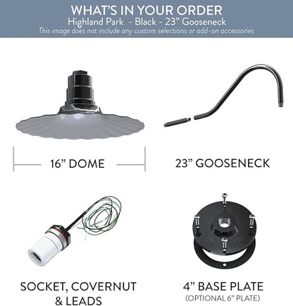 Steel Lighting Co. Highland Park Barn Light | Outdoor Wall Mounted | 16 inch Radial Wave | 23 inch Gooseneck | Vintage Style Made in America | Black Exterior/White Interior