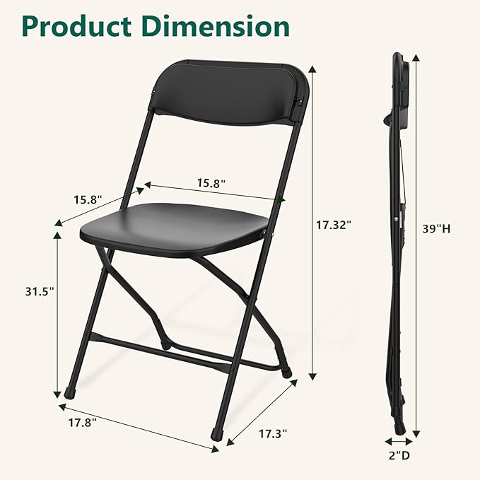10 Pack Black Plastic Folding Chairs, Outdoor Portable Folding Chair with Steel Frame, 350lbs Capacity Stackable Foldable Chairs for Patio, Garden, Picnic, Kitchen, Events