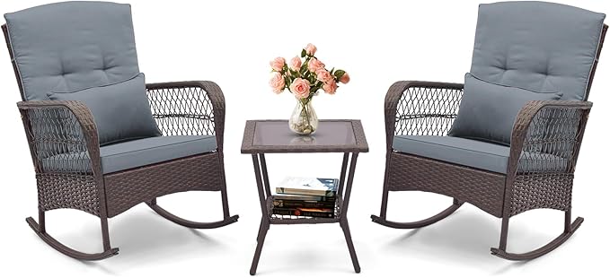 HAPPYGRILL 3 Pieces PE Rattan Rocking Bistro Set, Rocking Chairs with 2-Tier Coffee Table, Thick Pillows and Cushions, Outdoor Conversation Set for Porch, Garden and Poolside, (Gray)