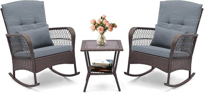 HAPPYGRILL 3 Pieces PE Rattan Rocking Bistro Set, Rocking Chairs with 2-Tier Coffee Table, Thick Pillows and Cushions, Outdoor Conversation Set for Porch, Garden and Poolside, (Gray)