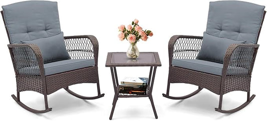 HAPPYGRILL 3 Pieces PE Rattan Rocking Bistro Set, Rocking Chairs with 2-Tier Coffee Table, Thick Pillows and Cushions, Outdoor Conversation Set for Porch, Garden and Poolside, (Gray)