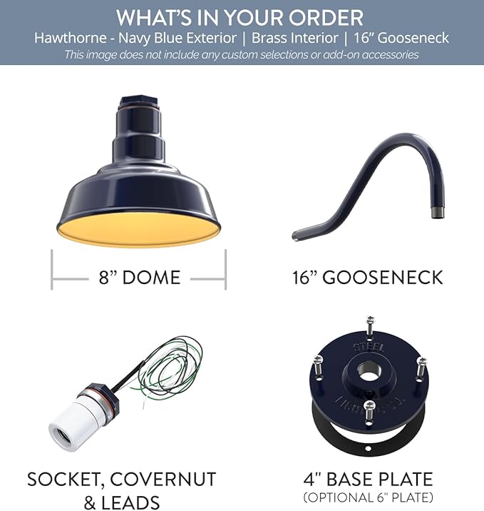 Steel Lighting Co. | Dusk to Dawn | Hawthorne Barn Light | Outdoor Wall Mounted | 8 in Dome | 16 inch Gooseneck| Small Farmhouse Light Made in America | Navy Blue/Brass
