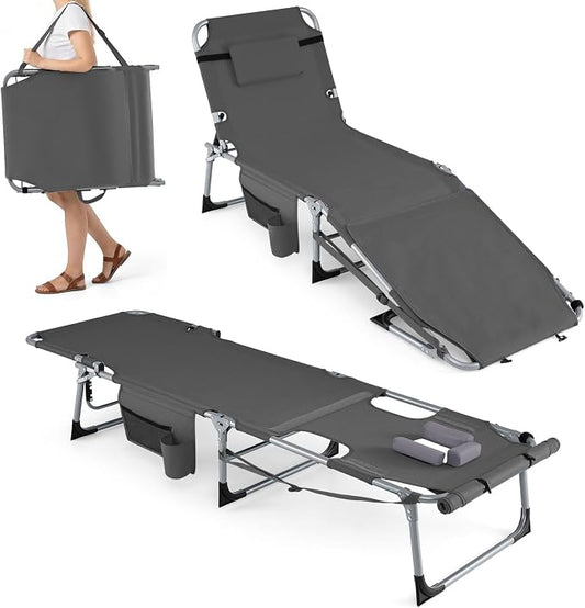 GYMAX Tanning Chair, 3 in 1 Sun Bathing Lounge Chairs with Face/Arm Holes & Side Pocket, Portable Lightweight Face Down Layout Tanning Chair for Outside, Beach, Backyard, Poolside (1, Grey)