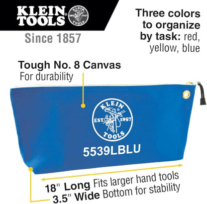 Klein Tools 5539LCPAK Zipper Bags, Large 16-Inch Canvas Tool Pouches for Tool Storage with Brass Zipper, and Grommet for Hanging, 3-Pack