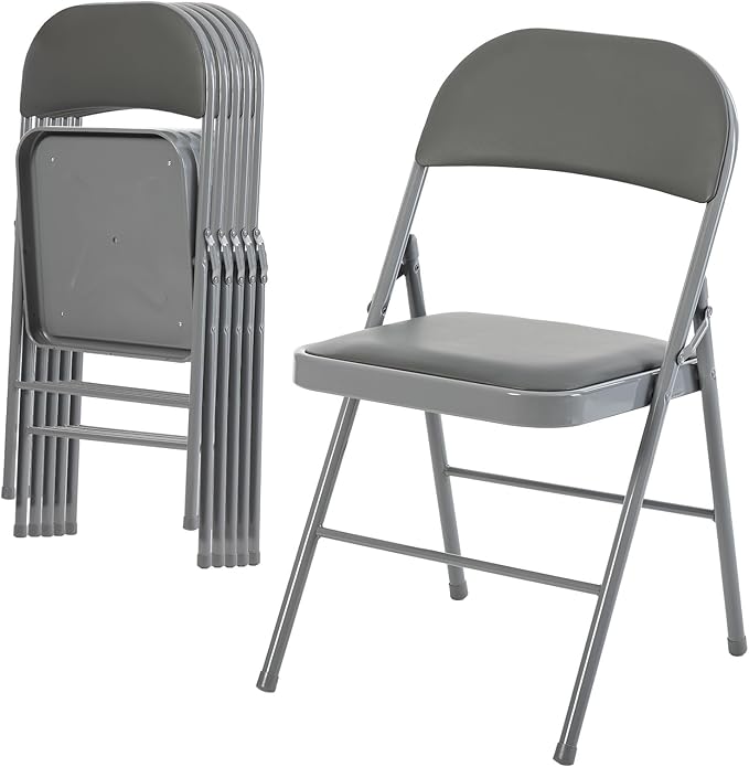 DUMOS 6 Pack Folding Chairs with Padded Cushion and Back - PU Leather Stackable Portable Dining Chairs Set, for Home and Office, Conference, Wedding, Party, Patio, Garden, for Indoor Outdoor, Grey