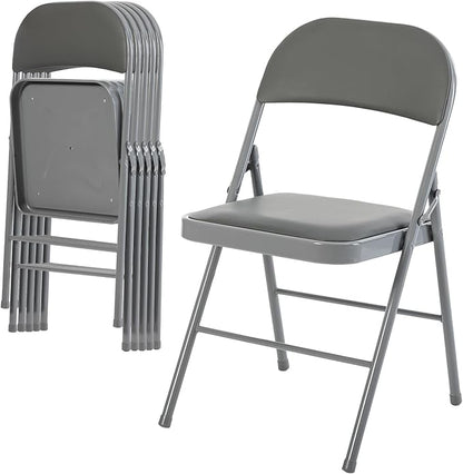 DUMOS 6 Pack Folding Chairs with Padded Cushion and Back - PU Leather Stackable Portable Dining Chairs Set, for Home and Office, Conference, Wedding, Party, Patio, Garden, for Indoor Outdoor, Grey