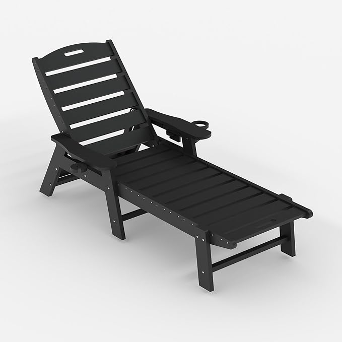 PeakPursuit Patio HDPE Chaise Lounge, Oversize 5-Position Lounge Chair with Cup Holder, Resin Pool Lounger Chair for Outside