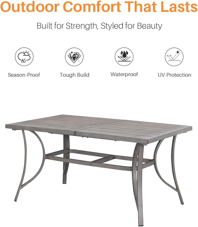 Aluminum Patio Dining Table for 6, Limed Oak Outdoor Rectangle Dining Table with Umbrella Hole, Rustproof 6 Person Outdoor Dining Tables for Backyard, Deck, Garden, Poolside, Porch