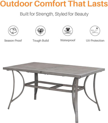 Aluminum Patio Dining Table for 6, Limed Oak Outdoor Rectangle Dining Table with Umbrella Hole, Rustproof 6 Person Outdoor Dining Tables for Backyard, Deck, Garden, Poolside, Porch