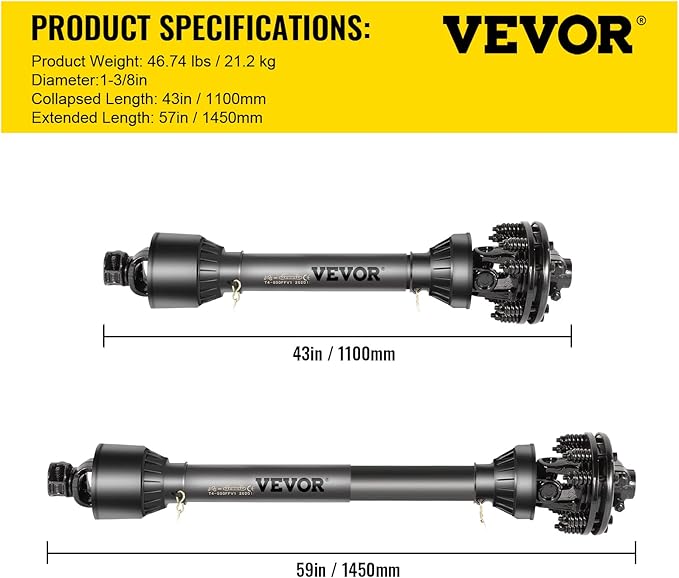 VEVOR PTO Shaft, 1-3/8" PTO Drive Shaft, 6 Spline Both Ends PTO Driveline Shaft, Series 5 Tractor PTO Shaft, 43"-57" Brush Hog PTO Shaft, Black PTO Shaft w/Slip Clutch for Bush Hog/Finish Mower