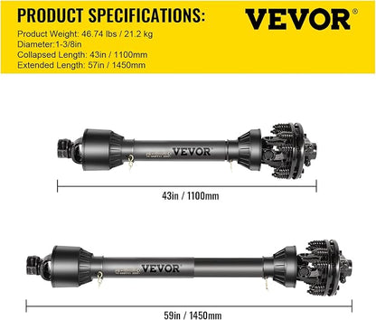 VEVOR PTO Shaft, 1-3/8" PTO Drive Shaft, 6 Spline Both Ends PTO Driveline Shaft, Series 5 Tractor PTO Shaft, 43"-57" Brush Hog PTO Shaft, Black PTO Shaft w/Slip Clutch for Bush Hog/Finish Mower
