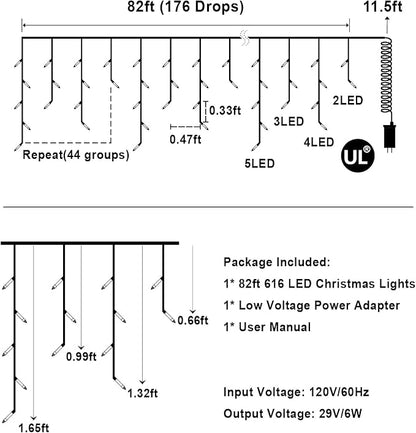 82FT LED Christmas Lights Outdoor with 176 Drops, Christmas Decorations Hanging Lights 616 LED 8 Modes, Outsite Fairy String Lights for Wedding Party Holiday Winter Wonderland Decorations Cool White