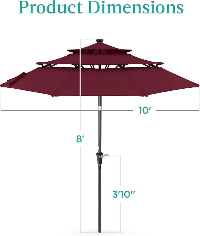 Best Choice Products 10ft 3-Tier Solar Patio Umbrella, Outdoor Market Sun Shade for Backyard, Deck, Poolside w/ 24 LED Lights, Tilt Adjustment, Easy Crank, 8 Ribs - Burgundy