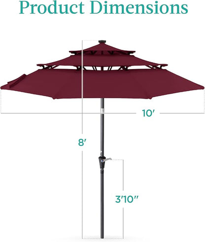 Best Choice Products 10ft 3-Tier Solar Patio Umbrella, Outdoor Market Sun Shade for Backyard, Deck, Poolside w/ 24 LED Lights, Tilt Adjustment, Easy Crank, 8 Ribs - Burgundy
