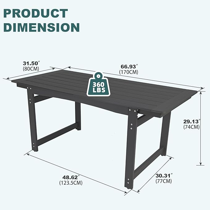 67" Outdoor Dining Table with Umbrella Hole, HIPS All-Weather Rectangular Patio Table for Outdoor/Indoor Use, Black