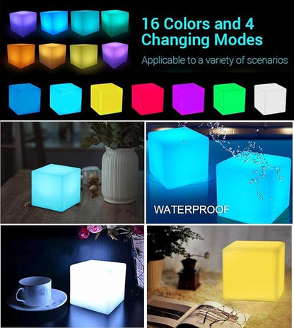 LED Mood Cube Light, Waterproof Rechargeable LED Bedside Table Lamp,Night Light with 16 Color Change and 4 Flash Modes,Suits for Outdoor Indoor Decoration (15x15x15cm)