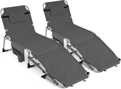 GYMAX Tanning Chair, 3 in 1 Sun Bathing Lounge Chairs with Face/Arm Holes & Side Pocket, Portable Lightweight Face Down Layout Tanning Chair for Outside, Beach, Backyard, Poolside (2, Gray)