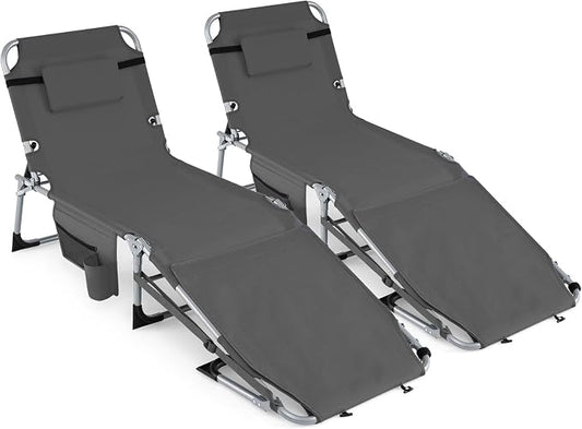 GYMAX Tanning Chair, 3 in 1 Sun Bathing Lounge Chairs with Face/Arm Holes & Side Pocket, Portable Lightweight Face Down Layout Tanning Chair for Outside, Beach, Backyard, Poolside (2, Gray)