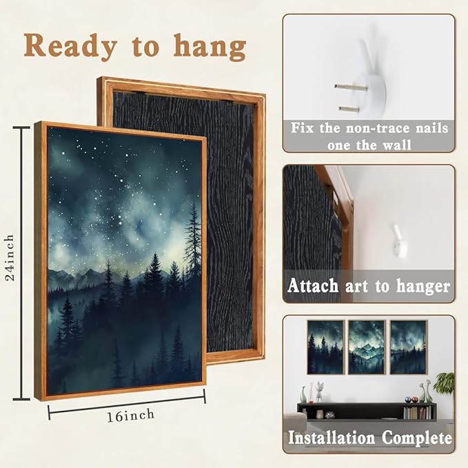 Large Mountain Framed Wall Art 16x24 Inch Dark Forest Starry Sky Canvas Wall Decor Modern Nature Wilderness Art Print for Living Room Bedroom Office Set of 3
