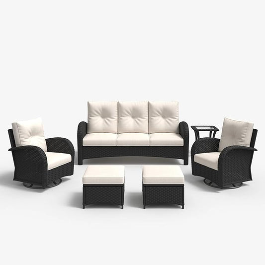 LayinSun 6 Pieces Outdoor Patio Furniture Set, Rattan Wicker Sectional Swivel Rocker Chairs Sets