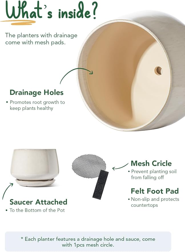 LE TAUCI 12 Inch Pots for Plants, Ceramic Planter with Drainage Hole & Saucer, Thick-Walled Ceramic, Planters for Indoor Plants, Ideal for Living Room & Entryway, Reactive Glaze Beige