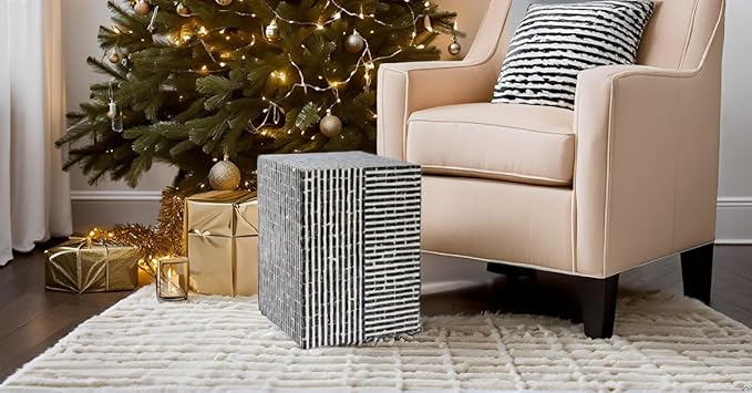 PEMAR Capiz Shell Square Drum End Table Side Accent Table Contemporary Mosaic Deco Patio Coffee Boho Décor Modern Nightstand & Vanity Stool (Dark Grey & White Stripes)