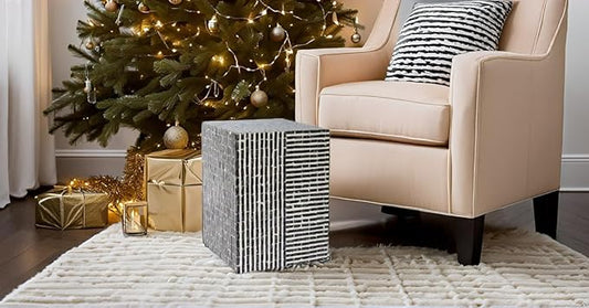 PEMAR Capiz Shell Square Drum End Table Side Accent Table Contemporary Mosaic Deco Patio Coffee Boho Décor Modern Nightstand & Vanity Stool (Dark Grey & White Stripes)