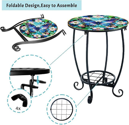 Outdoor Metal Side Table 13.3" W x 16.9" H Small Round Patio Table Printed with Butterfly Pattern for Balcony,Terrace,Garden