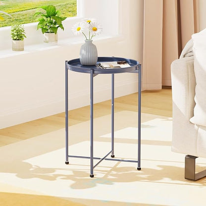 Garden 4 you Small Side Table, Blue Mini Round End Table, Tray Table with Metal Frame, Modern Nightstand for Living Room, Bedroom, Patio, Small Space, 2pcs