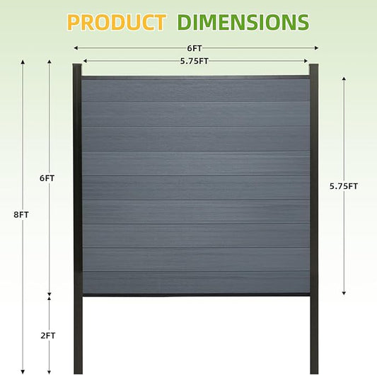 Mondaria Fence Privacy Screen with 8ft In-ground Posts, 6ft(H) x36ft(W) Wood Plastic Composite Fence Panels Weather-Resistant Outdoor Fence for Backyard/Garden (Gray, 7 Posts)