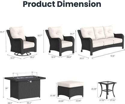 10 Pieces Outdoor Patio Furniture Sets with Rocking Swivel Chairs with 6-inch Thick Cushion and Fire Pit Table for Deck Lawn