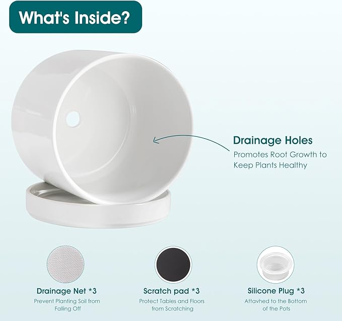 vancasso Ceramic Planters, Plant Pots for Indoor Plants, 6.25+8.25+10.25 Inch Ceramic Pots for Plants, Flower Pots with Drainage Holes, Planters Pot for Indoor House Plant, Set of 3, White