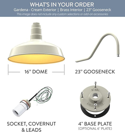Steel Lighting Co. Gardena Barn Light | Outdoor Wall Mounted | 16" Dome | 23" Gooseneck | Farmhouse Light Made in America | Cream Exterior/Brass Interior