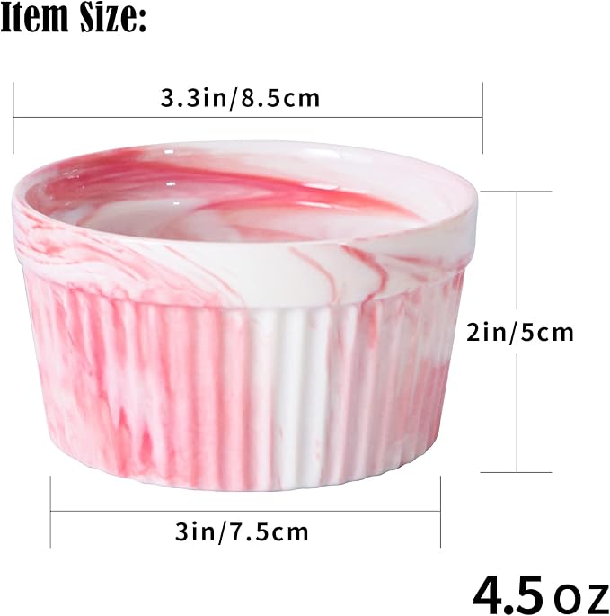 Yundu 4.5 Ounce Pink Marble Ceramic Ramekins - Perfect for Creme Brulee, Oven Safe Baking Bowls - Set of 6
