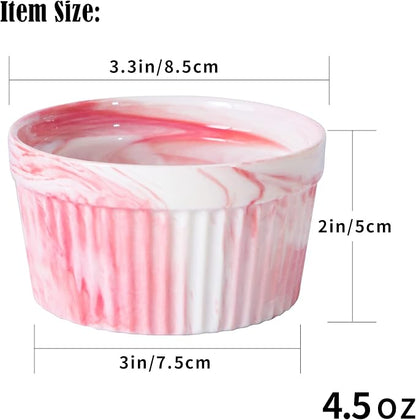 Yundu 4.5 Ounce Pink Marble Ceramic Ramekins - Perfect for Creme Brulee, Oven Safe Baking Bowls - Set of 6