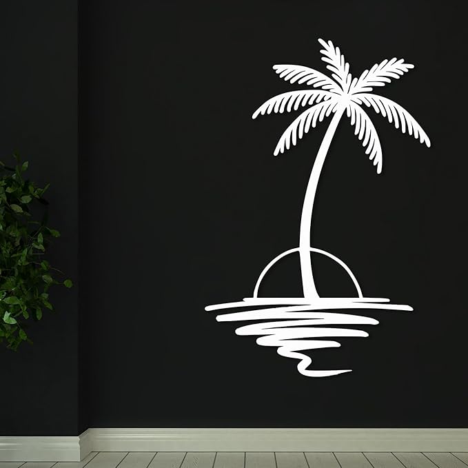 Metal Palm Tree with Sunset Wall Art, Large Outdoor Wall Decor, Tropical Beach Coastal Decor for Living Room, Bedroom, Garden Home Wall Sign, Perfect Metal Wall Art for Beach House, Coastal Theme, and Home Decoration (White, 32 x 26 inches)